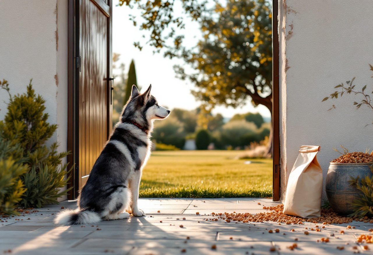 Husky qui attend au portail d'une maison avec pelouse et olivier, un sac de croquettes au sol